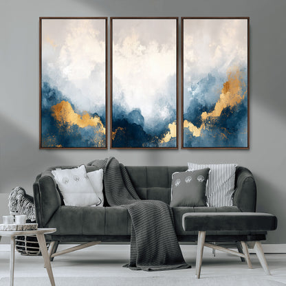 14578-MGV-CV-36X24-Abstract Wall Art – Modern Canvas Print Featuring Blue and White Clouds with Golden Accents, Contemporary Elegant Artwork for