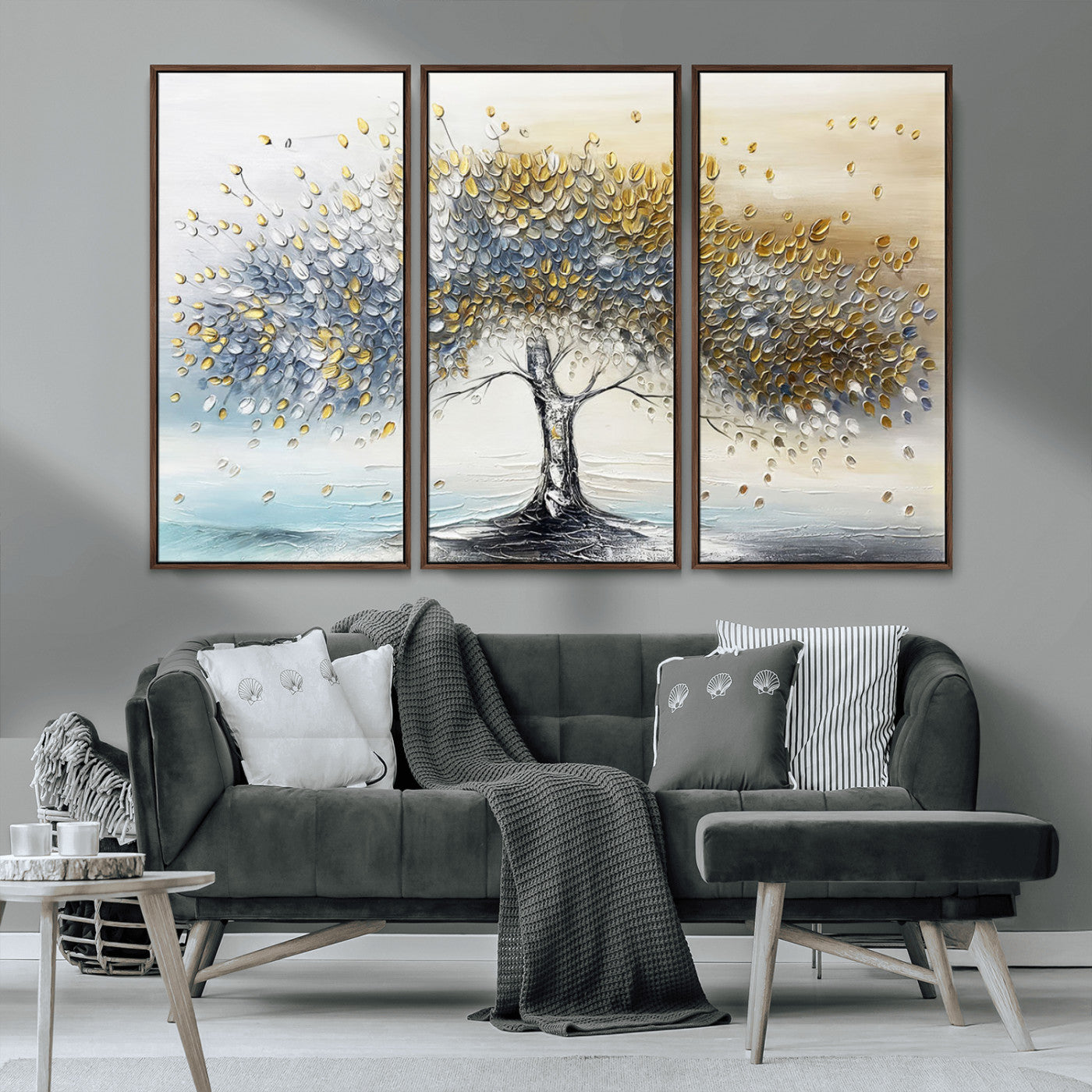 24771-MGV-CV-36X24-Silver Tree Wall Art Canvas Print, Framed Golden Leaves Art Picture Print, Metallic Tree Perfect Minimalist Luxury Decor Artwork