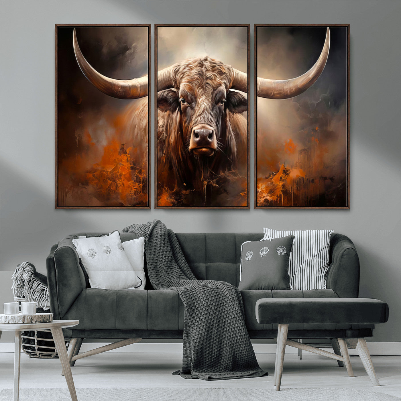 240479-MGV-CV-36X24-Longhorn Bull Wall Art – Dramatic Western Canvas Print Featuring Horned Bull with Fiery Background, Rustic Farmhouse Artwork for