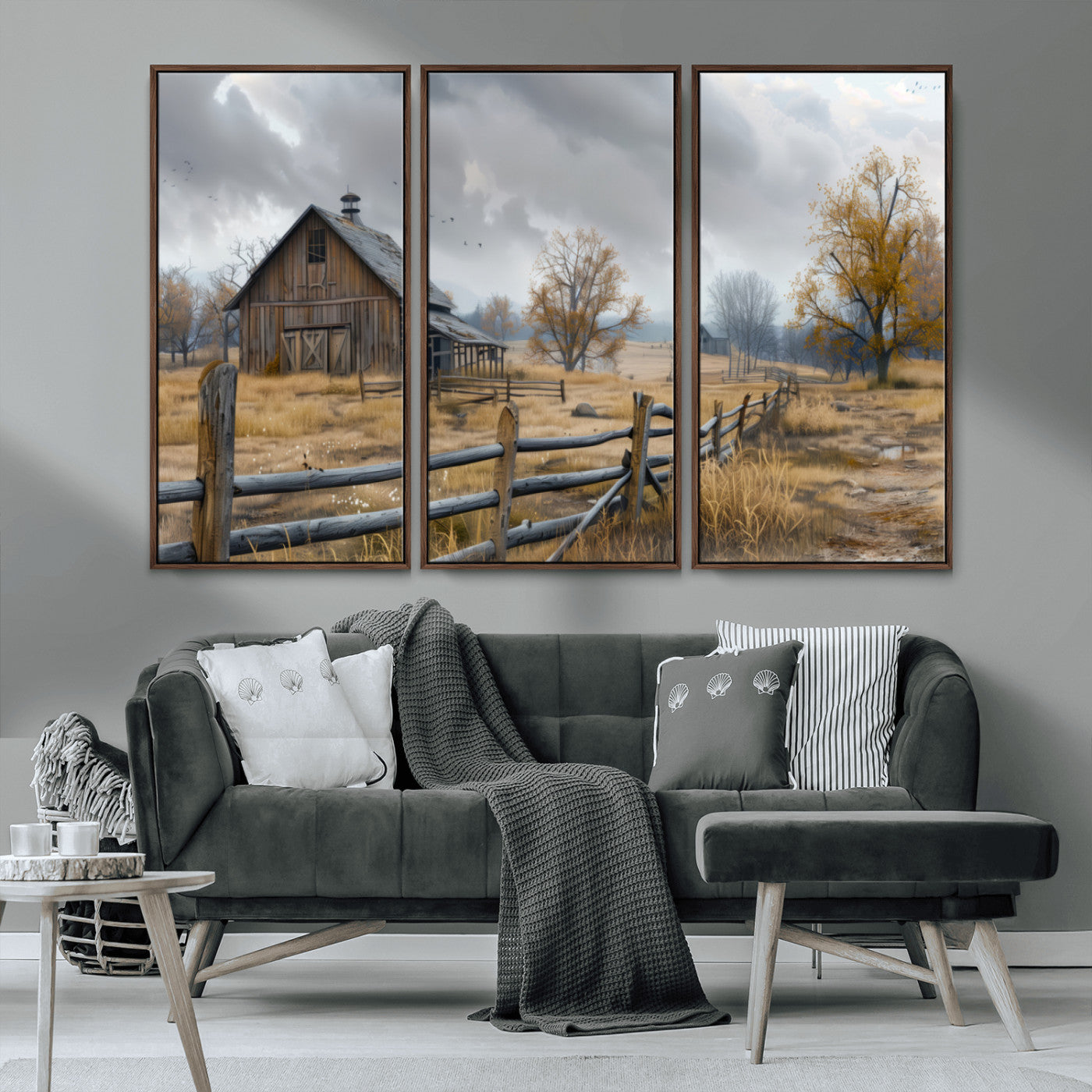 Farm1-MGV-CV-36X24-Rustic Autumn Farmhouse Wall Art – Serene Countryside Scene Canvas Print, Weathered Barn and Autumn Trees Decor for Living Room,