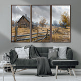 Farm1-MGV-CV-36X24-Rustic Autumn Farmhouse Wall Art – Serene Countryside Scene Canvas Print, Weathered Barn and Autumn Trees Decor for Living Room,