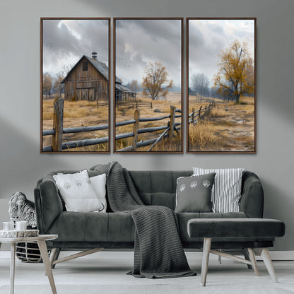 Farm1-MGV-CV-36X24-Rustic Autumn Farmhouse Wall Art – Serene Countryside Scene Canvas Print, Weathered Barn and Autumn Trees Decor for Living Room,