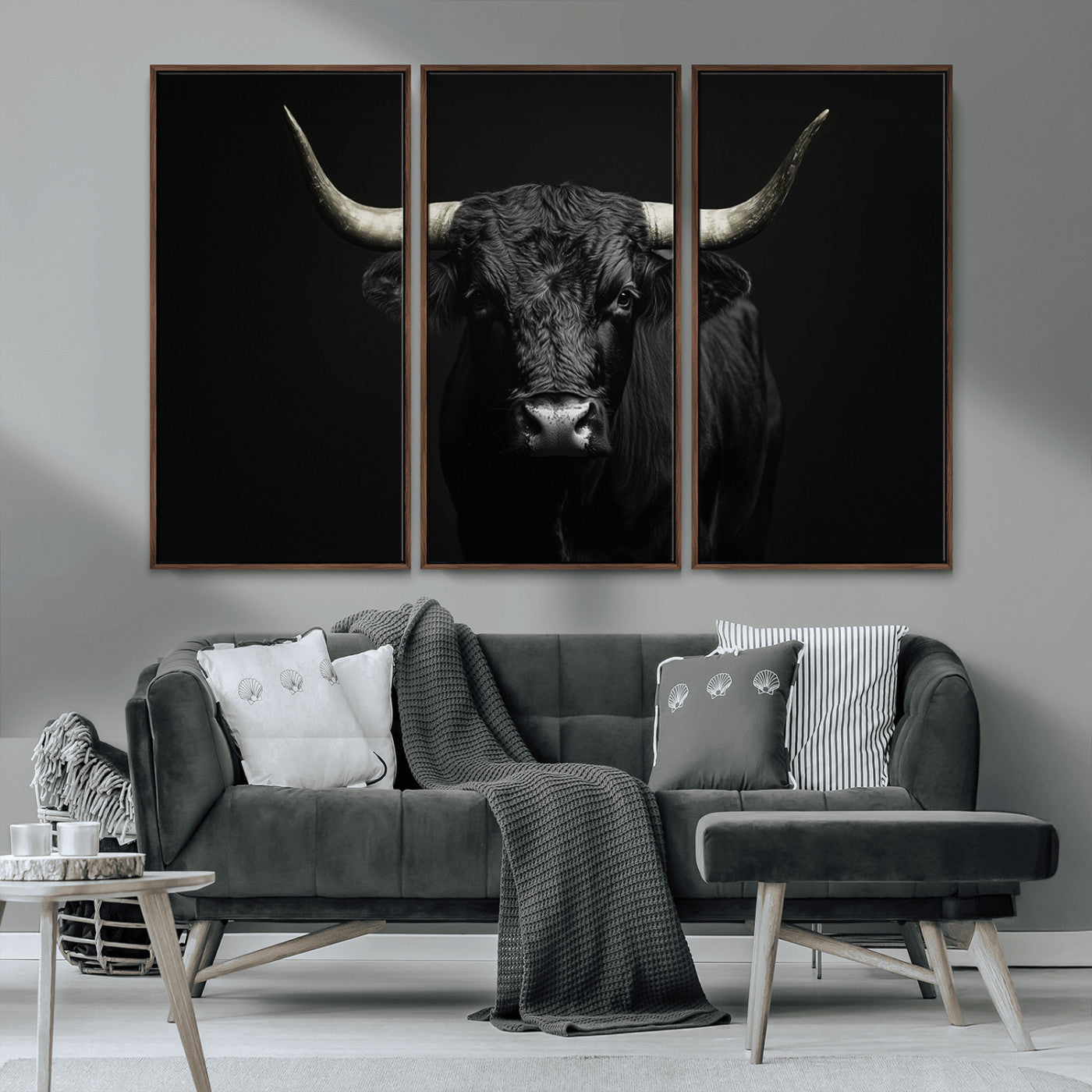 97914921-MGV-CV-36X24-Black Bull Wall Art Canvas Print, Framed Longhorn Bull Art Picture Print, Western Bull Perfect Monochrome Western Decor Artwork
