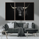 97914921-MGV-CV-36X24-Black Bull Wall Art Canvas Print, Framed Longhorn Bull Art Picture Print, Western Bull Perfect Monochrome Western Decor Artwork
