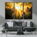 13776802-MGV-CV-36X24-Golden Forest Wall Art Canvas Print, Framed Sunset Pines Art Picture Print, Flying Birds Perfect Nature Glow Decor Artwork