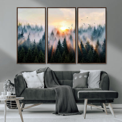56391411-MGV-CV-36X24-Misty Forest Wall Art Canvas Print, Framed Sunrise Pines Art Picture Print, Moody Pines Perfect Serene Woodland Decor Artwork