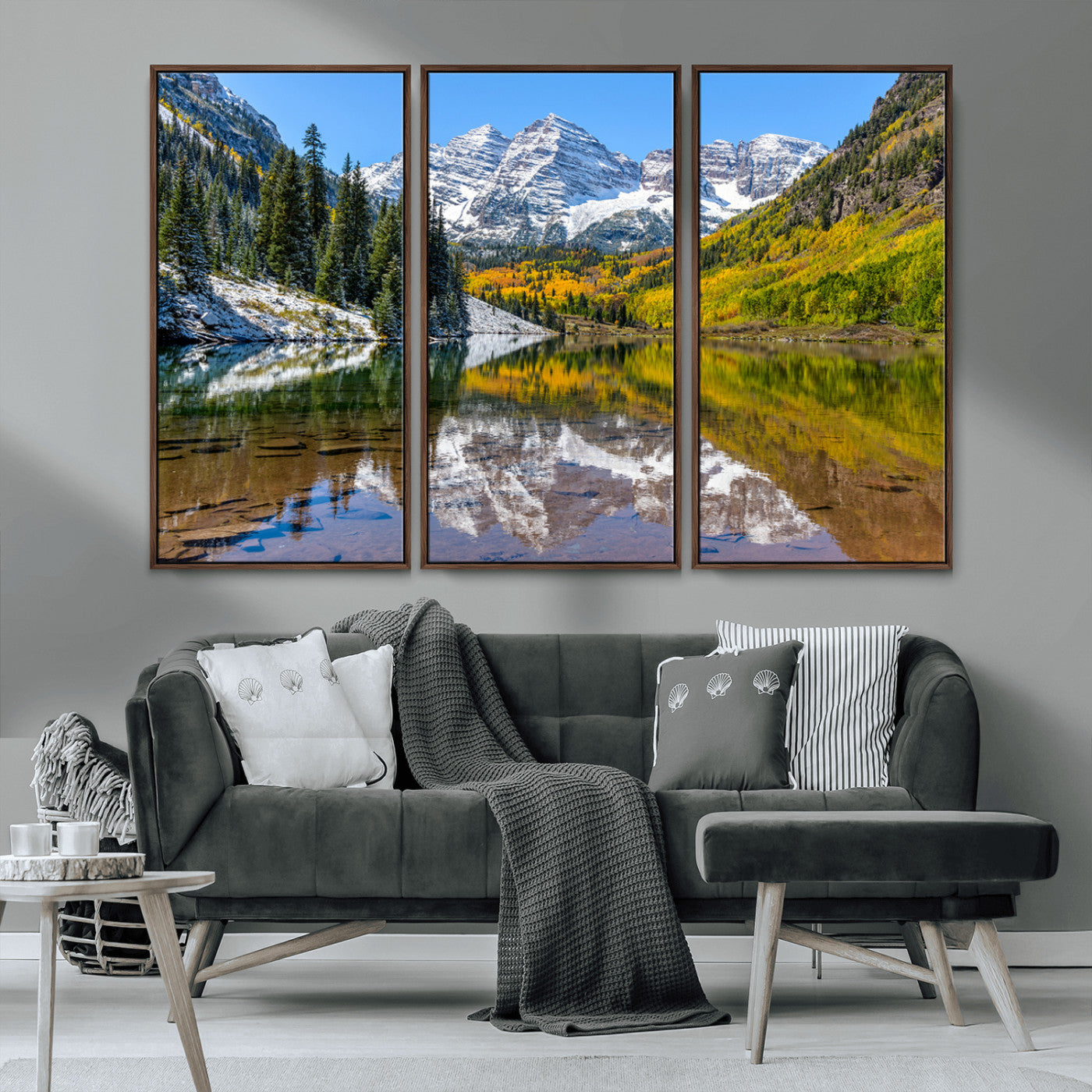 87724099-MGV-CV-36X24-Maroon Bells Wall Art Canvas Print, Framed Snowy Mountains Art Picture Print, Pine Forest Perfect Vibrant Alpine Decor Artwork