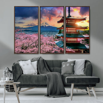 32331262-MGV-CV-36X24-Mount Fuji Japan Wall Art – Cherry Blossom Landscape Canvas Print, Chureito Pagoda Sunset Photography, Japanese Nature Travel