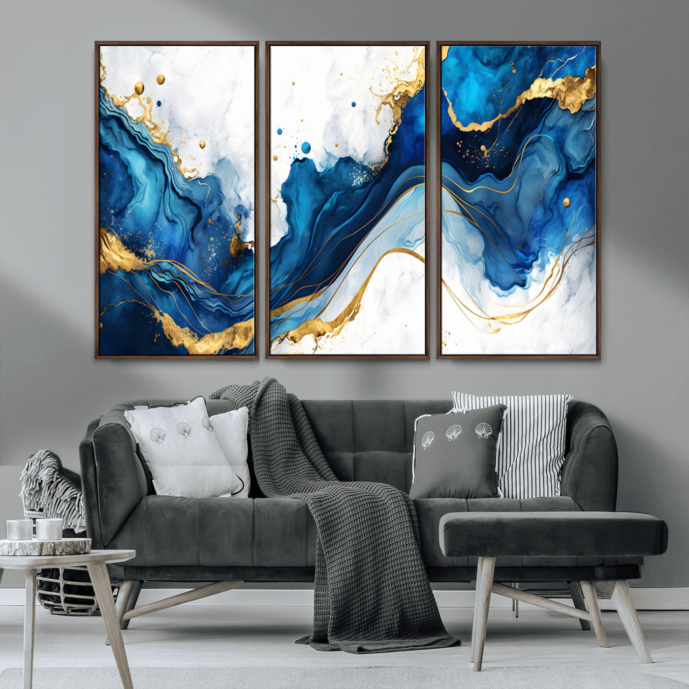 33506371-MGV-CV-36X24-Blue Marble Wall Art Canvas Print, Framed Gold Splash Art Picture Print, Abstract Wave Perfect Modern Luxe Decor Artwork