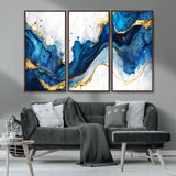 33506371-MGV-CV-36X24-Blue Marble Wall Art Canvas Print, Framed Gold Splash Art Picture Print, Abstract Wave Perfect Modern Luxe Decor Artwork