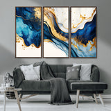 60283636-MGV-CV-36X24-Blue Gold Flow Wall Art Canvas Print, Framed Marble Texture Art Picture Print, Elegant Splash Perfect Elegant Abstract Decor