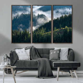 84598503-MGV-CV-36X24-Misty Forest Wall Art Canvas Print, Framed Pine Hills Art Picture Print, Moody Hills Perfect Moody Woodland Decor Artwork