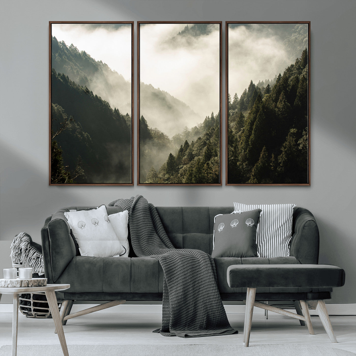 57570237-MGV-CV-36X24-Misty Valley Wall Art Canvas Print, Framed Foggy Forest Art Picture Print, Pine Trees Perfect Moody Woodland Decor Artwork