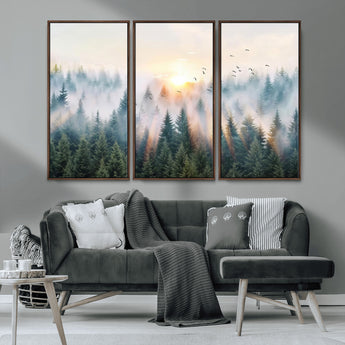 92718976-MGV-FC-48X32-3P_Walnut-Misty Forest Wall Art Canvas Print, Framed Sunrise Pines Art Picture Print, Foggy Woodland Perfect Moody Woodland Decor Artwork