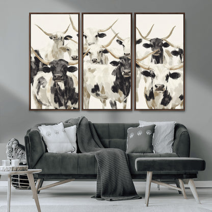 52947970-MGV-CV-36X24-Texas Longhorn Wall Art Canvas Print, Framed Cattle Herd Art Picture Print, Herd Portrait Perfect Modern Farmhouse Decor Artwork