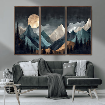 11060882-MGV-CV-36X24-Moonlit Mountains Wall Art Canvas Print, Framed Forest Silhouette Art Picture Print, Night Landscape Perfect Modern Forest Decor