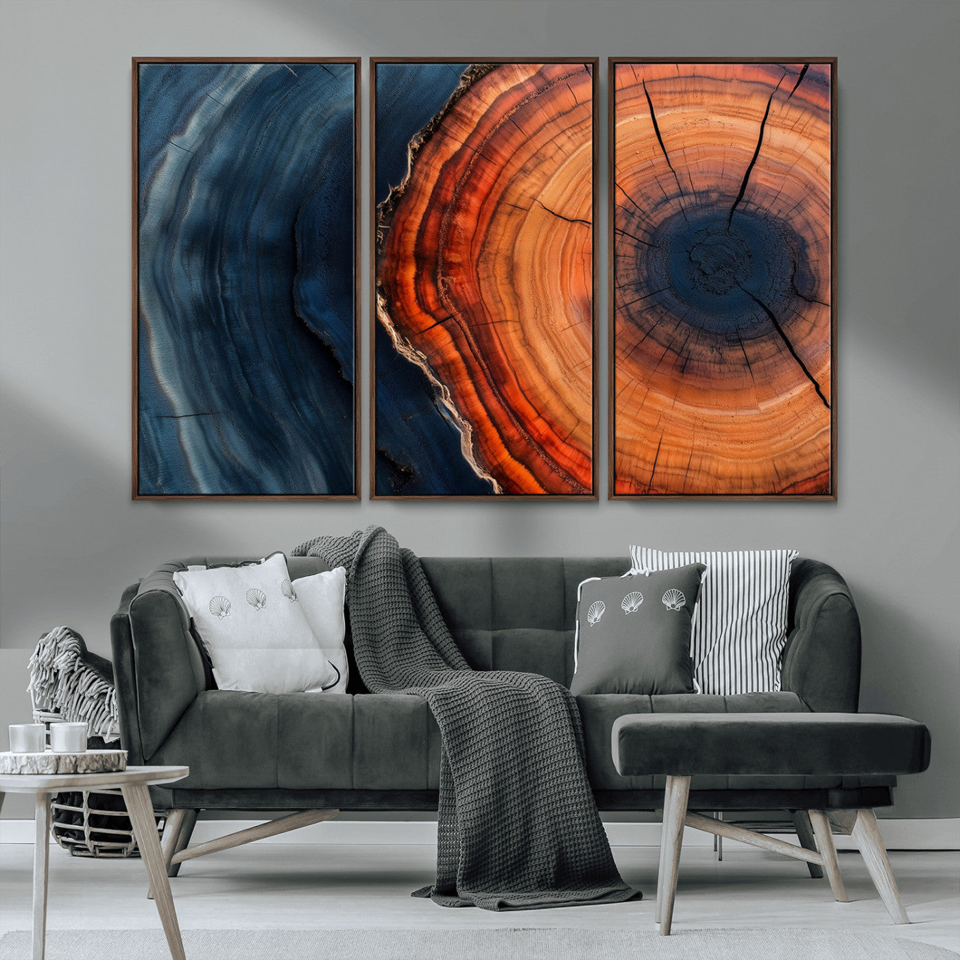 57732250-MGV-CV-36X24-Tree Ring Abstract Wall Art – Blue Orange Wood Grain Canvas Print, Modern Rustic Nature Artwork for Living Room, Office,