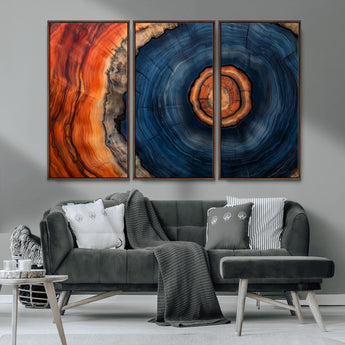 72209152-MGV-CV-36X24-Abstract Tree Ring Wall Art – Vibrant Blue Orange Wood Grain Canvas Print, Rustic Modern Nature Artwork for Living Room, Office,