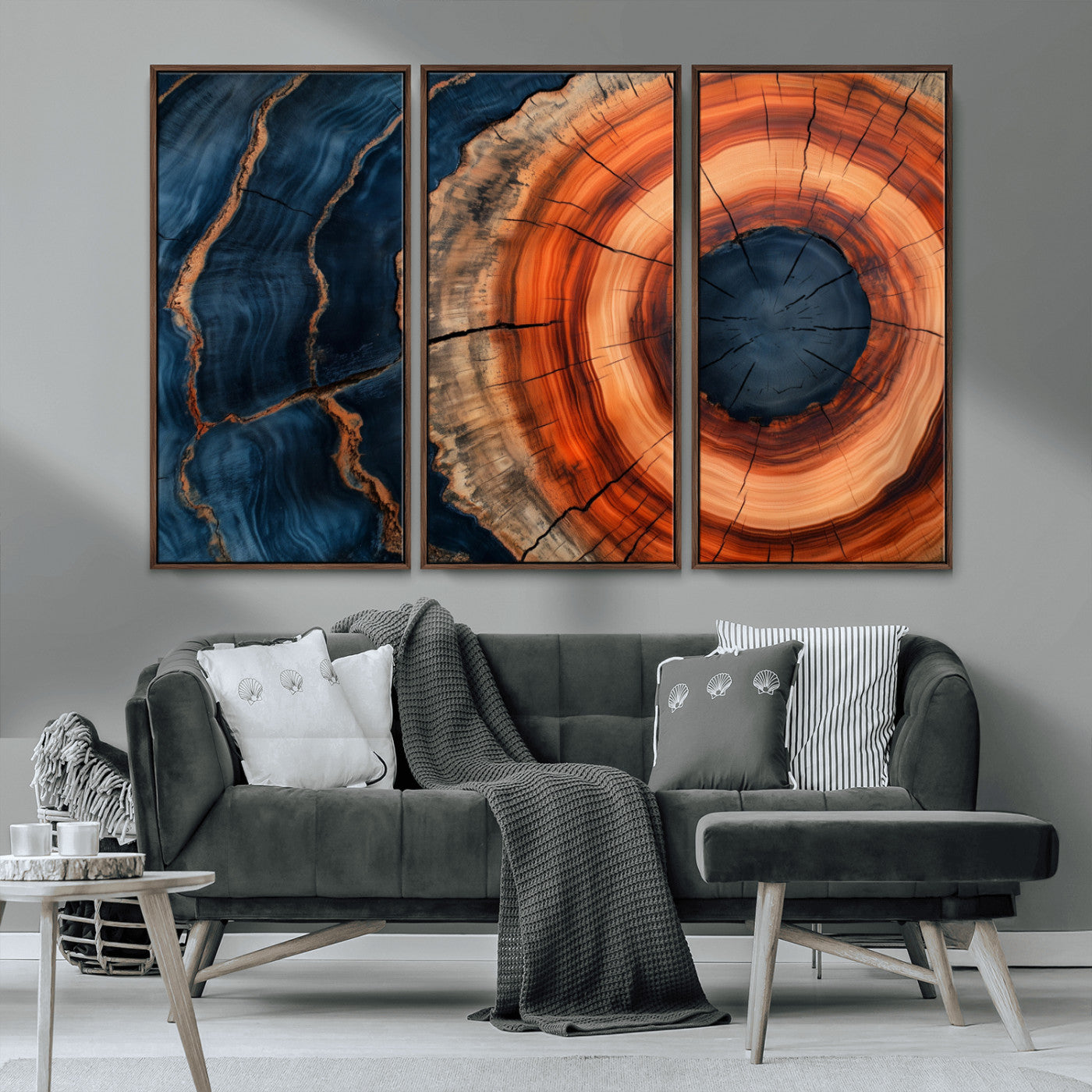 41123192-MGV-CV-36X24-Tree Ring Canvas Wall Art – Abstract Blue Orange Wood Grain Print, Rustic Modern Nature Artwork for Living Room, Bedroom, Office