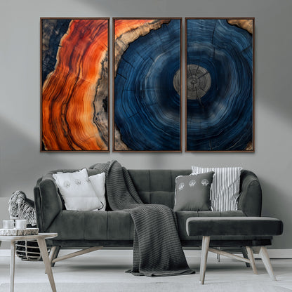 99491700-MGV-CV-36X24-Tree Ring Canvas Wall Art – Blue Orange Abstract Wood Grain Print, Rustic Modern Nature Artwork for Living Room, Office, Bedroom