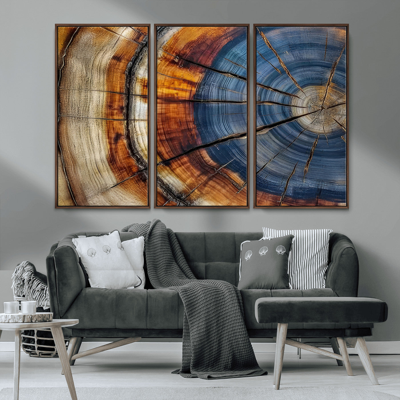18032999-MGV-CV-36X24-Tree Ring Wall Art – Blue Brown Abstract Wood Slice Canvas Print, Rustic Modern Nature Decor for Living Room, Office, Bedroom or