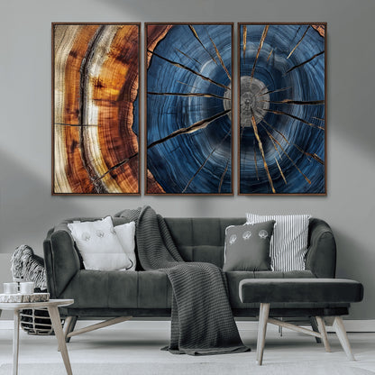 45268471-MGV-CV-36X24-Blue Tree Ring Wall Art – Rustic Wood Cross Section Canvas Print, Modern Abstract Nature Decor for Living Room, Office, or Cabin