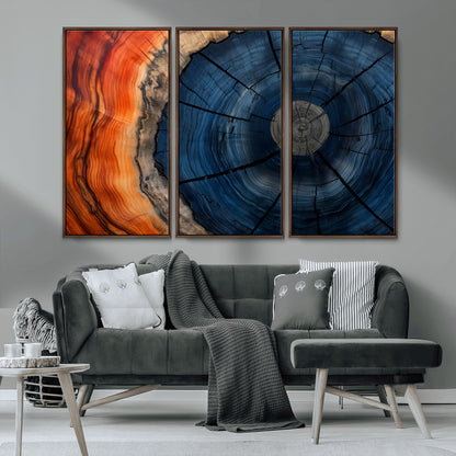 26110607-MGV-FC-48X32-3P_Walnut-Blue and Orange Tree Ring Wall Art – Abstract Wood Cross Section Canvas Print, Modern Rustic Nature Decor for Living Room, Office,