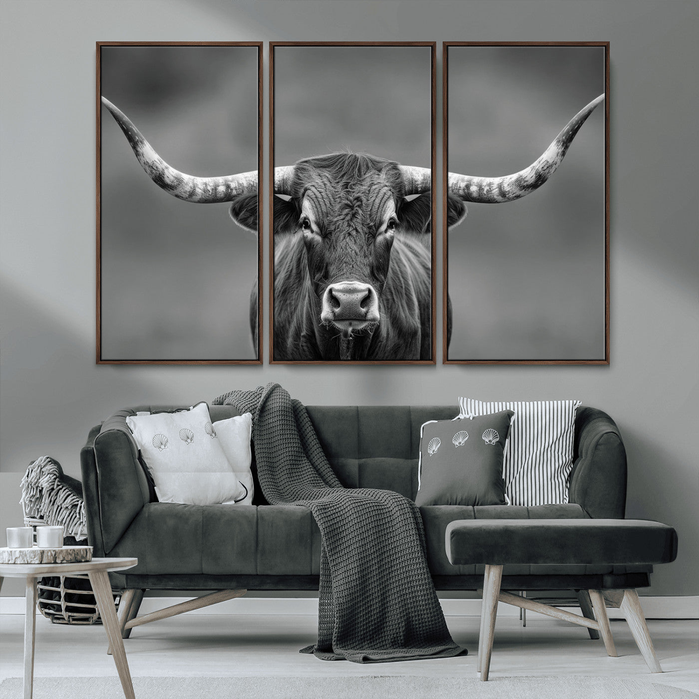 81228550-MGV-CV-36X24-Framed Texas Longhorn Bull Art Canvas Print, Western Bull Wall Art Print, Long Horn Bull Photo Print for Log Cabin, Large Bull