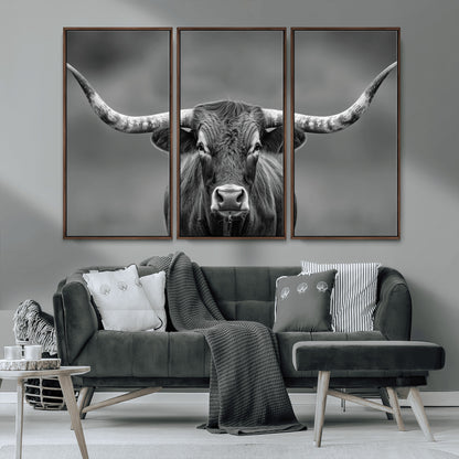 81228550-MGV-CV-36X24-Framed Texas Longhorn Bull Art Canvas Print, Western Bull Wall Art Print, Long Horn Bull Photo Print for Log Cabin, Large Bull