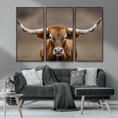 12179171-MGV-CV-36X24-Texas Longhorn Wall Art Canvas Print, Framed Brown Bull Art Picture Print, Lone Cattle Perfect Rustic Western Decor Artwork