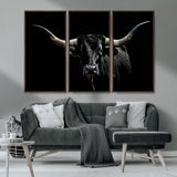 37531960-MGV-FC-48X32-3P_Walnut-Black Longhorn Bull Wall Art – Dramatic Western Cattle Canvas Print, Rustic Farmhouse Animal Artwork for Living Room, Bedroom,