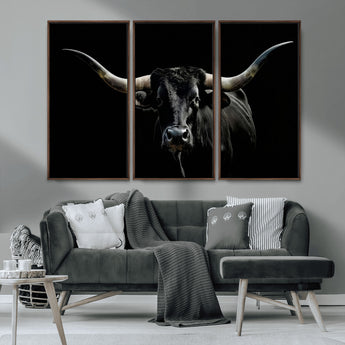 37531960-MGV-FC-48X32-3P_Walnut-Black Longhorn Bull Wall Art – Dramatic Western Cattle Canvas Print, Rustic Farmhouse Animal Artwork for Living Room, Bedroom,