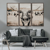 27497342-MGV-CV-36X24-Texas Longhorn Wall Art Canvas Print, Framed Speckled Cow Art Picture Print, Horned Cattle Perfect Rustic Western Decor Artwork