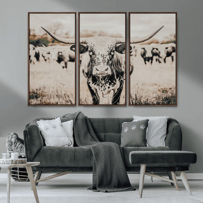 27497342-MGV-CV-36X24-Texas Longhorn Wall Art Canvas Print, Framed Speckled Cow Art Picture Print, Horned Cattle Perfect Rustic Western Decor Artwork