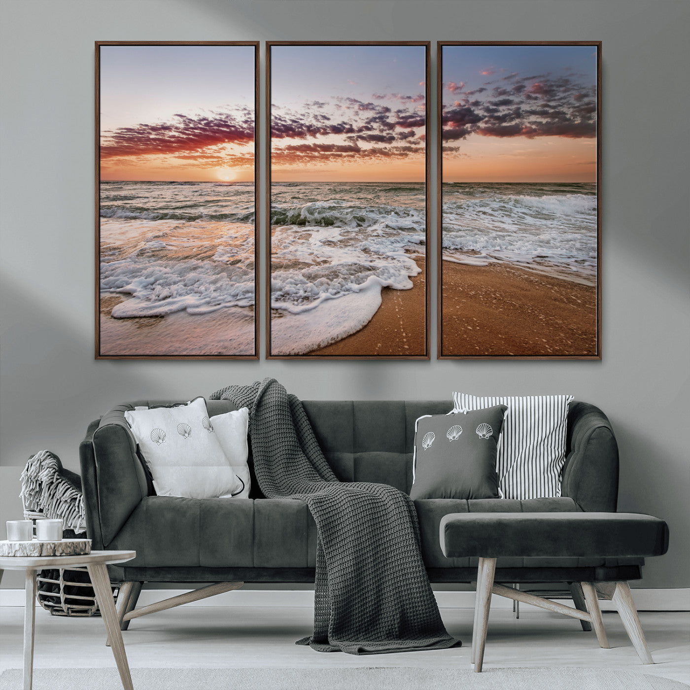 39846389-MGV-CV-36X24-Ocean Sunset Wall Art Canvas Print, Framed Sandy Shore Art Picture Print, Gentle Waves Perfect Minimalist Coastal Decor Artwork