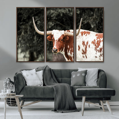 54027638-MGV-CV-36X24-Texas Longhorn Wall Art Canvas Print, Framed Spotted Cow Art Picture Print, Horned Bull Perfect Rustic Western Decor Artwork