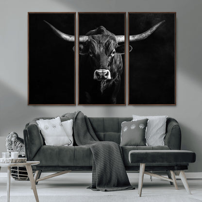 42077175-MGV-CV-36X24-Texas Longhorn Wall Art Canvas Print, Framed Monochrome Bull Art Picture Print, Horned Bull Perfect Rustic Western Decor Artwork