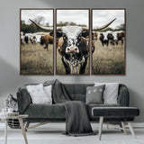 79025945-MGV-CV-36X24-Texas Longhorn Wall Art Canvas Print, Framed Speckled Cow Art Picture Print, Horned Cattle Perfect Rustic Western Decor Artwork