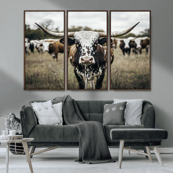 79025945-MGV-CV-36X24-Texas Longhorn Wall Art Canvas Print, Framed Speckled Cow Art Picture Print, Horned Cattle Perfect Rustic Western Decor Artwork