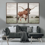 28309012-MGV-CV-36X24-Texas Longhorn Wall Art Canvas Print, Framed Spotted Cattle Art Picture Print, Horned Bull Perfect Rustic Western Decor Artwork