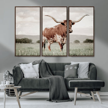 28309012-MGV-CV-36X24-Texas Longhorn Wall Art Canvas Print, Framed Spotted Cattle Art Picture Print, Horned Bull Perfect Rustic Western Decor Artwork