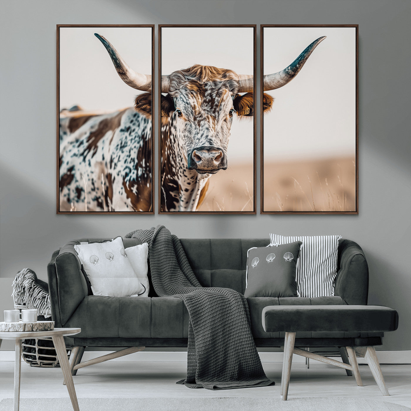 70414966-MGV-CV-36X24-Texas Longhorn Wall Art Canvas Print, Framed Speckled Cow Art Picture Print, Horned Bull Perfect Rustic Western Decor Artwork
