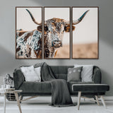 70414966-MGV-CV-36X24-Texas Longhorn Wall Art Canvas Print, Framed Speckled Cow Art Picture Print, Horned Bull Perfect Rustic Western Decor Artwork