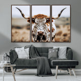 76294381-MGV-CV-36X24-Texas Longhorn Wall Art Canvas Print, Framed Spotted Cow Art Picture Print, Horned Cattle Perfect Rustic Western Decor Artwork