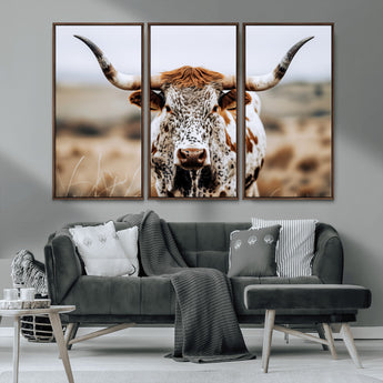 76294381-MGV-CV-36X24-Texas Longhorn Wall Art Canvas Print, Framed Spotted Cow Art Picture Print, Horned Cattle Perfect Rustic Western Decor Artwork