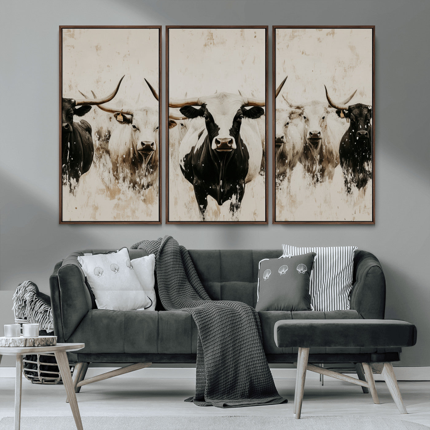 12027562-MGV-CV-36X24-Longhorn Cattle Wall Art Canvas Print, Framed Bison Herd Art Picture Print, Cattle Group Perfect Rustic Farmhouse Decor Artwork