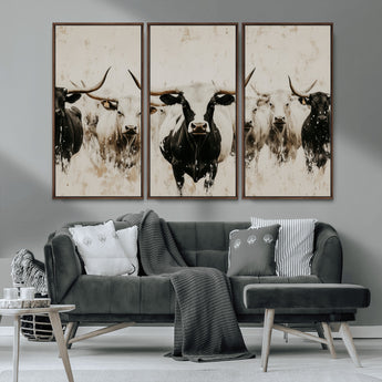 12027562-MGV-CV-36X24-Longhorn Cattle Wall Art Canvas Print, Framed Bison Herd Art Picture Print, Cattle Group Perfect Rustic Farmhouse Decor Artwork