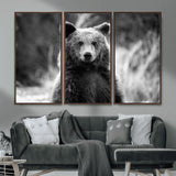 MGV-FC-48X32-3P - Grizzly Bear Wall Art Canvas Print, Framed Black White Bear Art Picture Print, Wild Bear Perfect Rustic Wildlife Decor Artwork