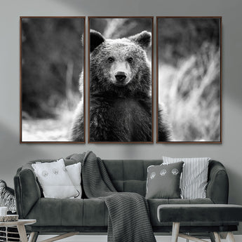 MGV-FC-48X32-3P - Grizzly Bear Wall Art Canvas Print, Framed Black White Bear Art Picture Print, Wild Bear Perfect Rustic Wildlife Decor Artwork