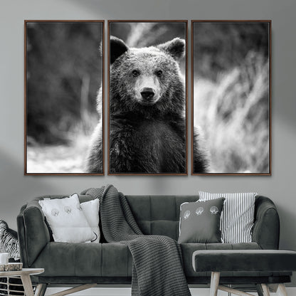 MGV-FC-48X32-3P - Grizzly Bear Wall Art Canvas Print, Framed Black White Bear Art Picture Print, Wild Bear Perfect Rustic Wildlife Decor Artwork
